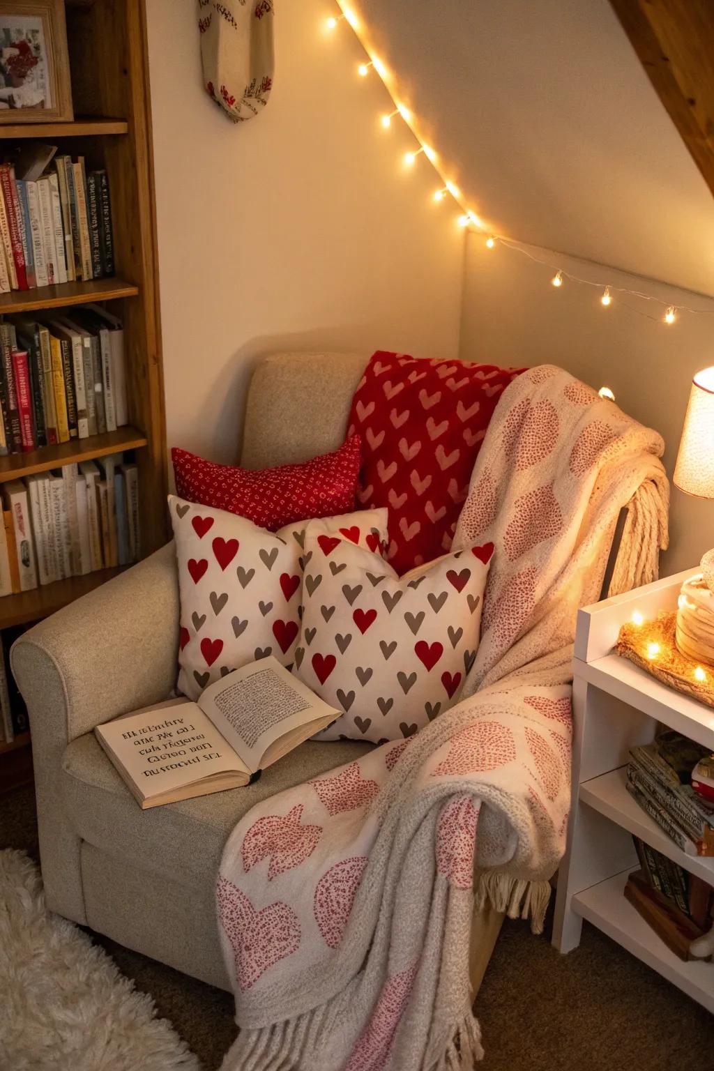 Cozy reading nook with Valentine's accents