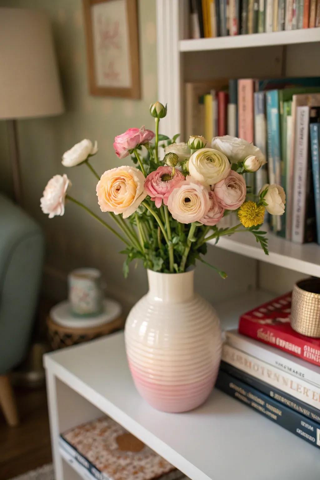 Delicate ranunculus bouquet adding charm to a living room.