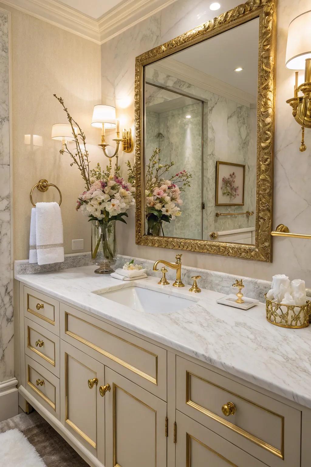 A sophisticated vanity adorned with marble countertops.