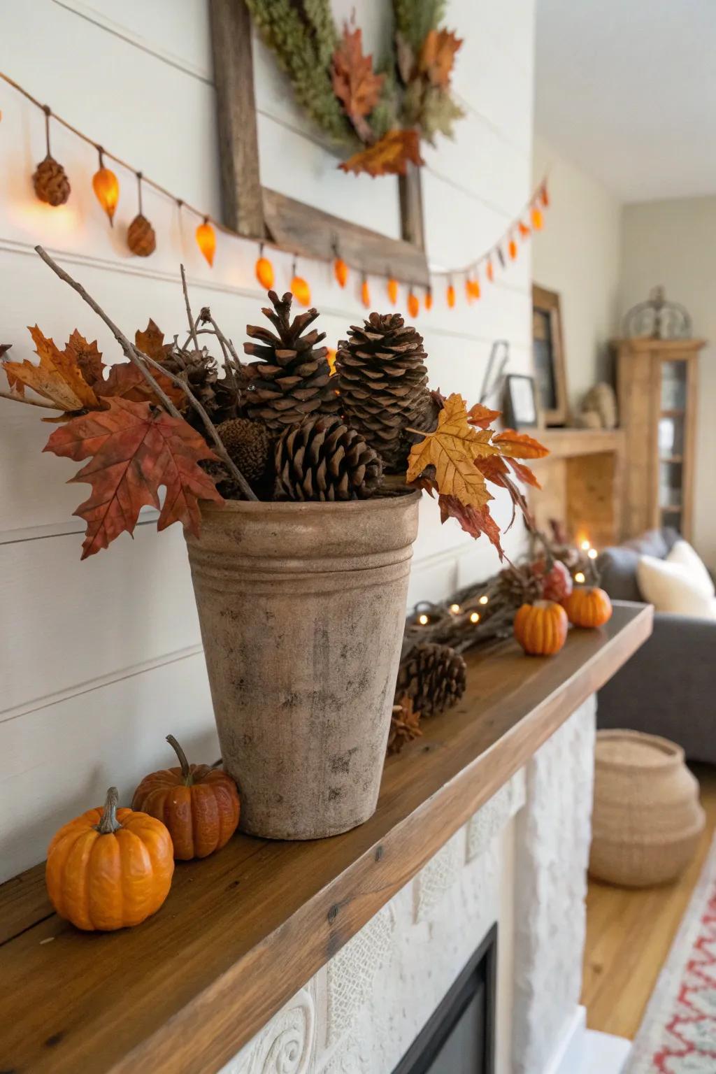 Add warmth to your home using seasonal pinecones.