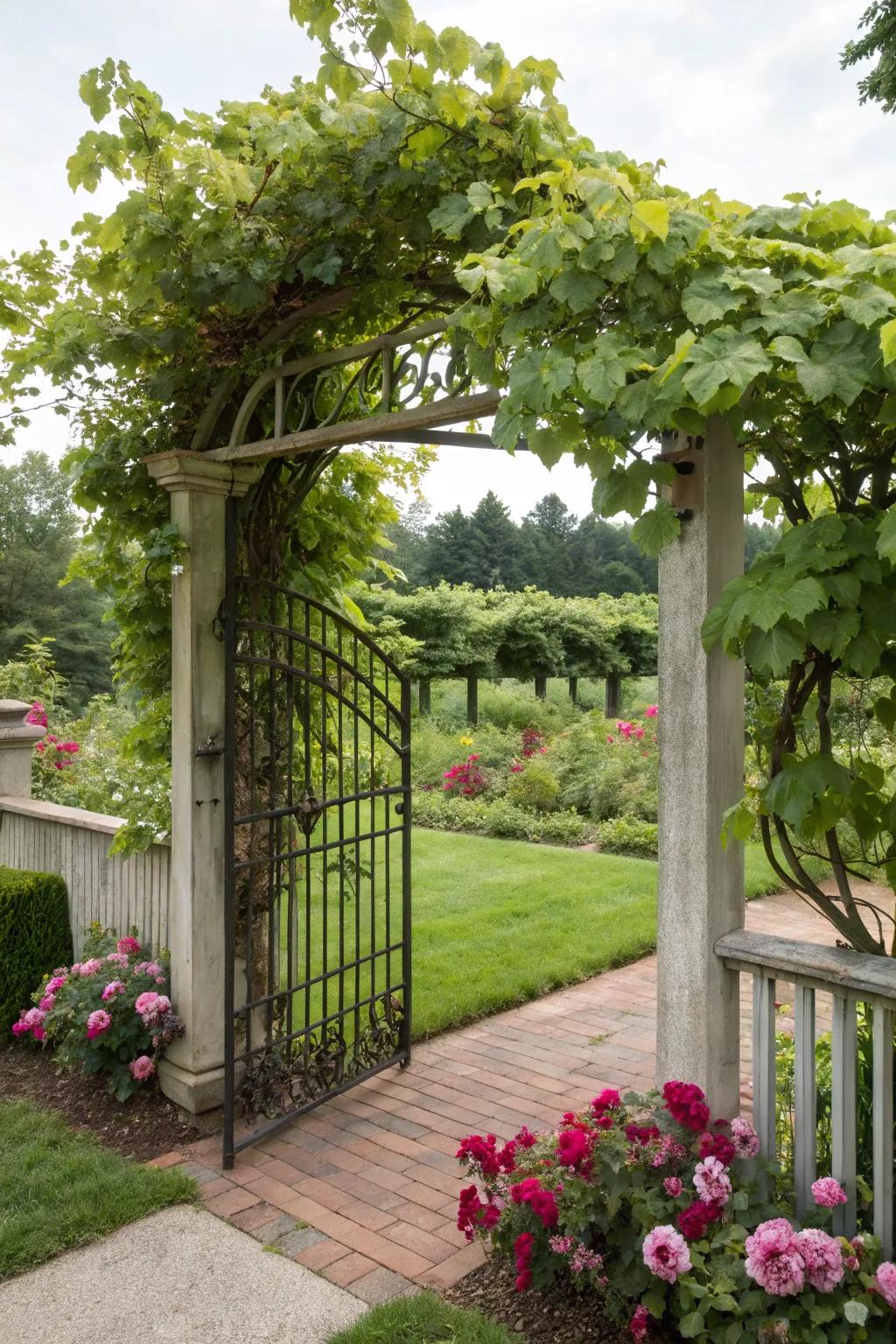 A gated espalier offering both practicality and beauty.
