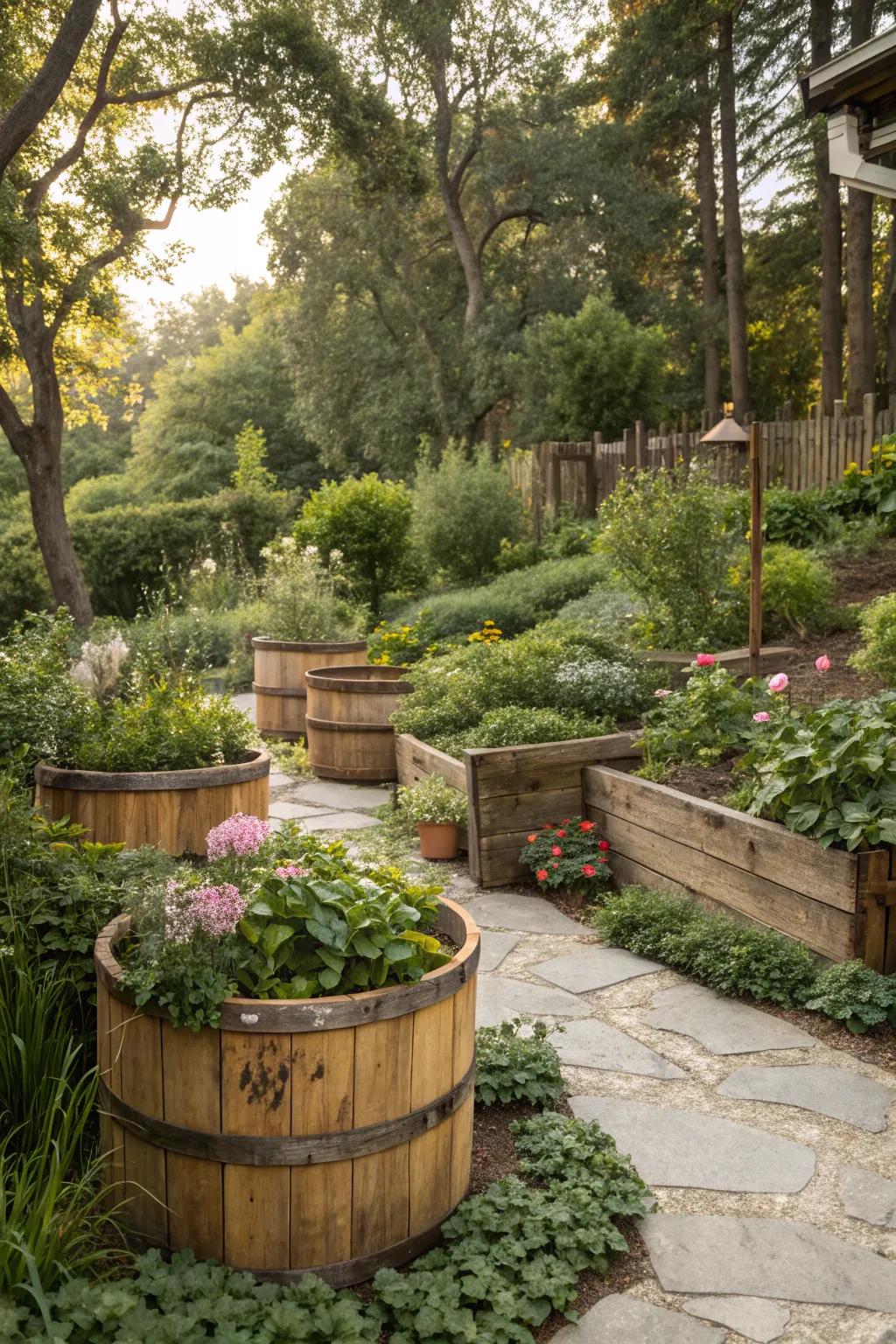 Rustic wooden planters enhance the garden's natural appeal.