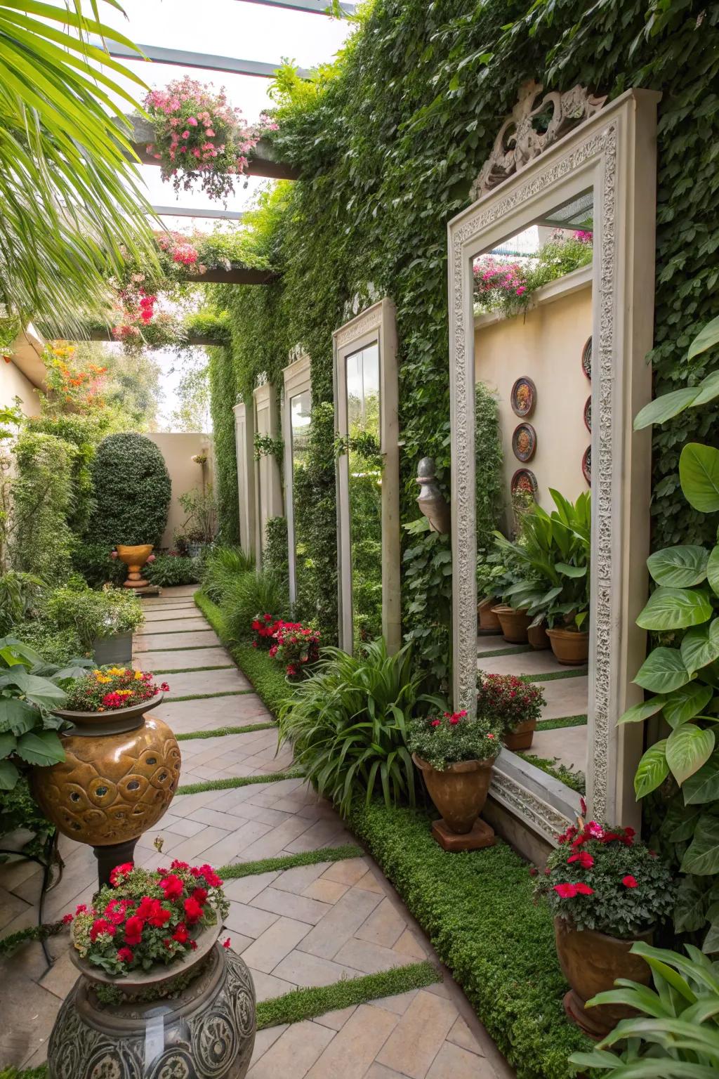 Mirrors and decor adding depth to an upright garden.