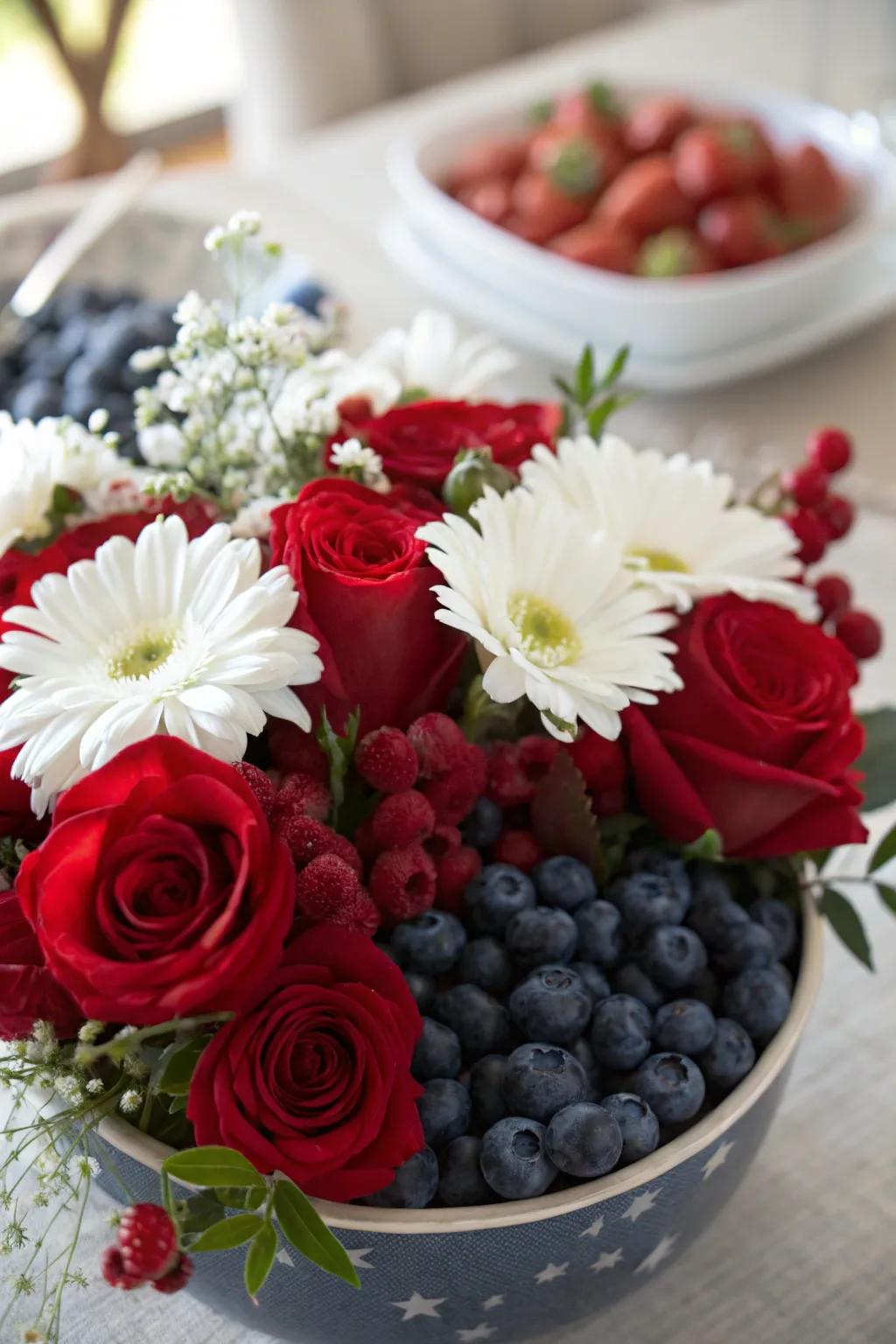 An edible centerpiece showcasing berries and blossoms.