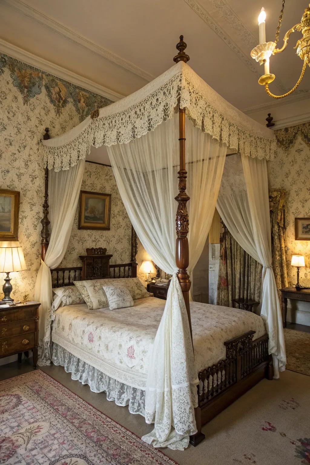 A four-poster bed with a canopy embodies Victorian romance.