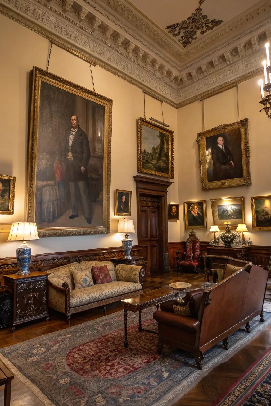 Classic likenesses and paintings contribute a cultured appeal to the living zone.