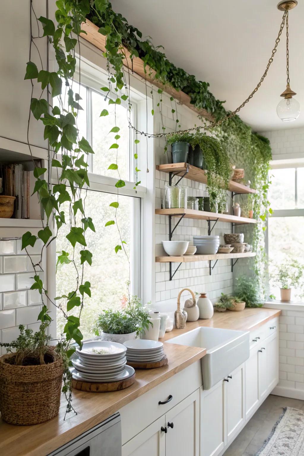 Infuse life into your kitchen with hanging verdure.
