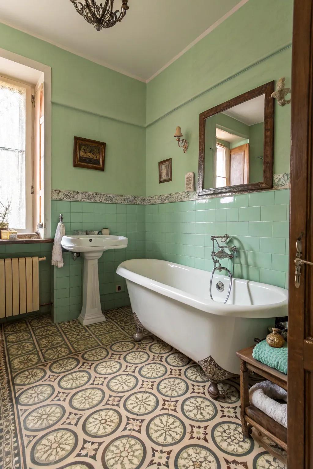 Verdant and muted hues compose a comforting retro bathroom palette.