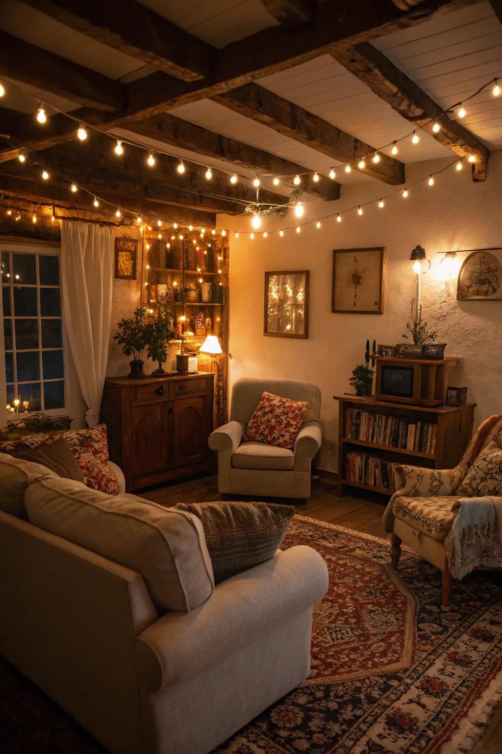 Warm lighting creates an inviting vintage Christmas atmosphere.