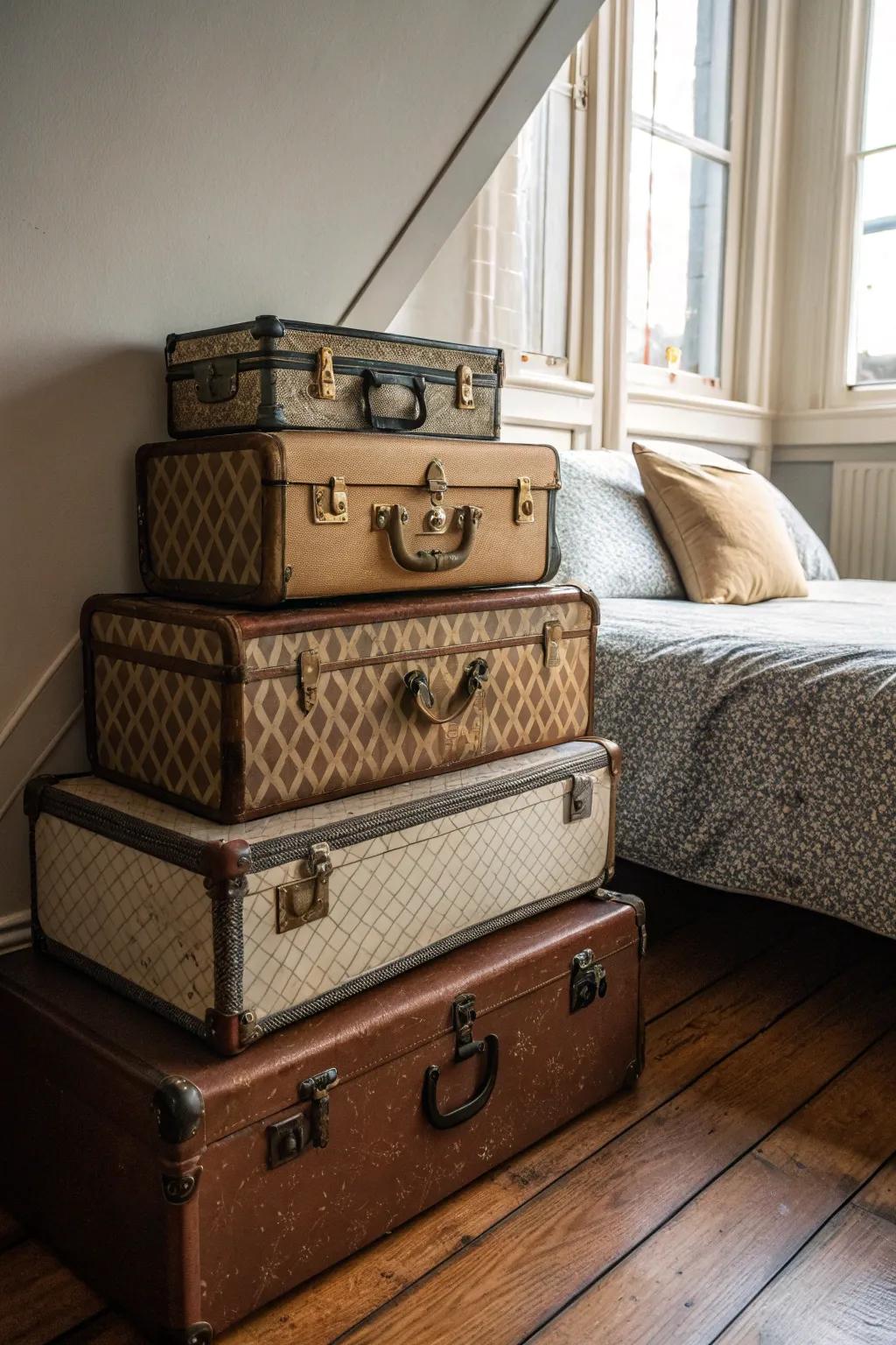 Arranged classic valises function as elegant stowage within the boudoir.