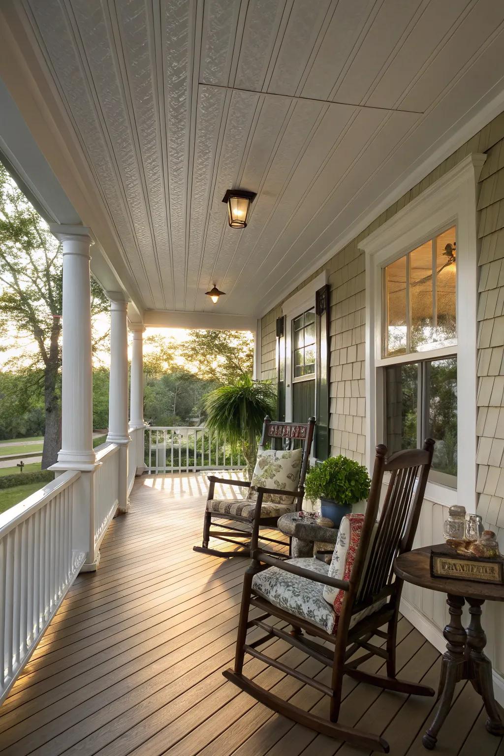 Vinyl soffit panels impart a timeless allure to porch ceilings.