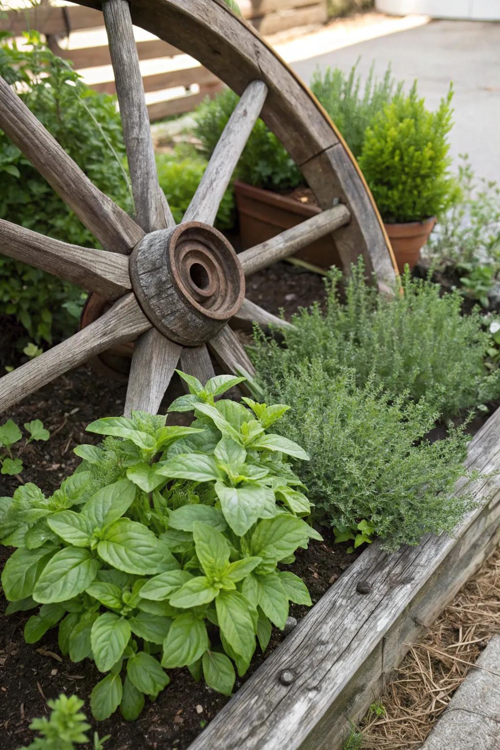 A wagon wheel organizing an herb garden into neat sections for easy access.