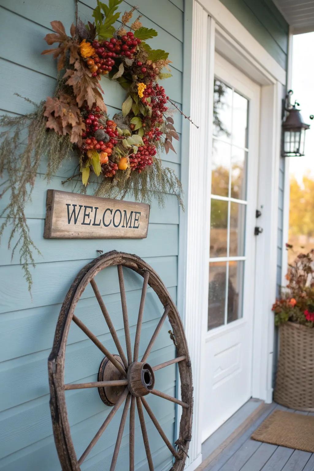 This cartwheel acts as a lovely welcome sign with a wreath.