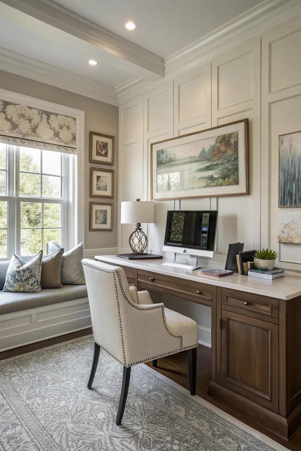 Add depth to your home office with recessed panel wainscoting.