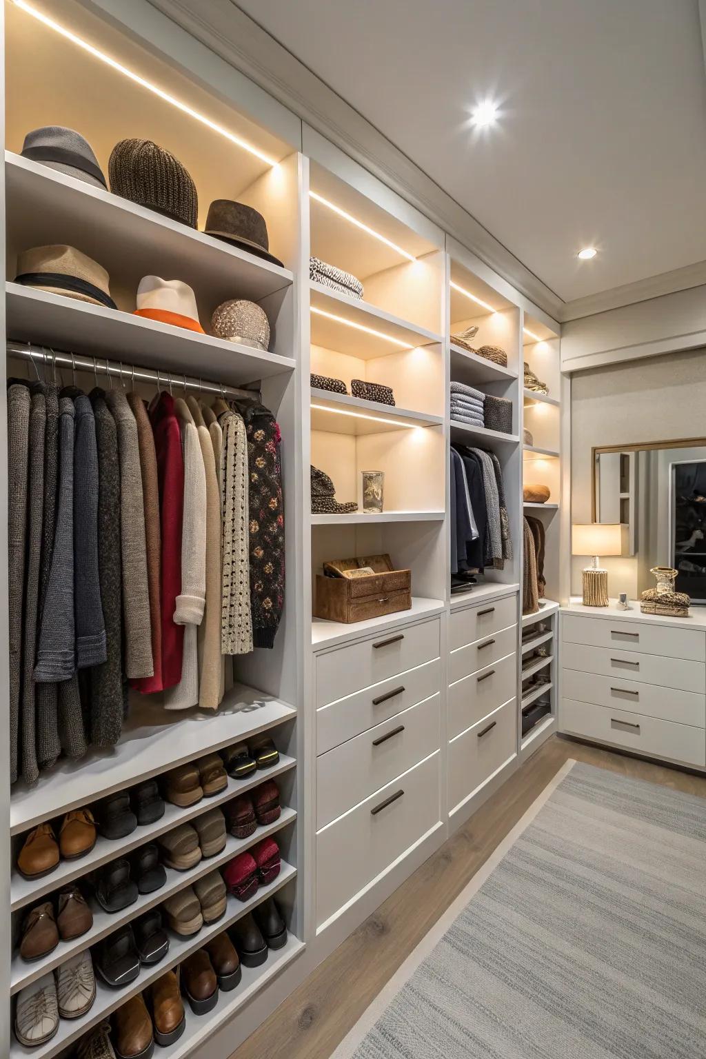 Custom drawers offer practical solutions for accessory storage.