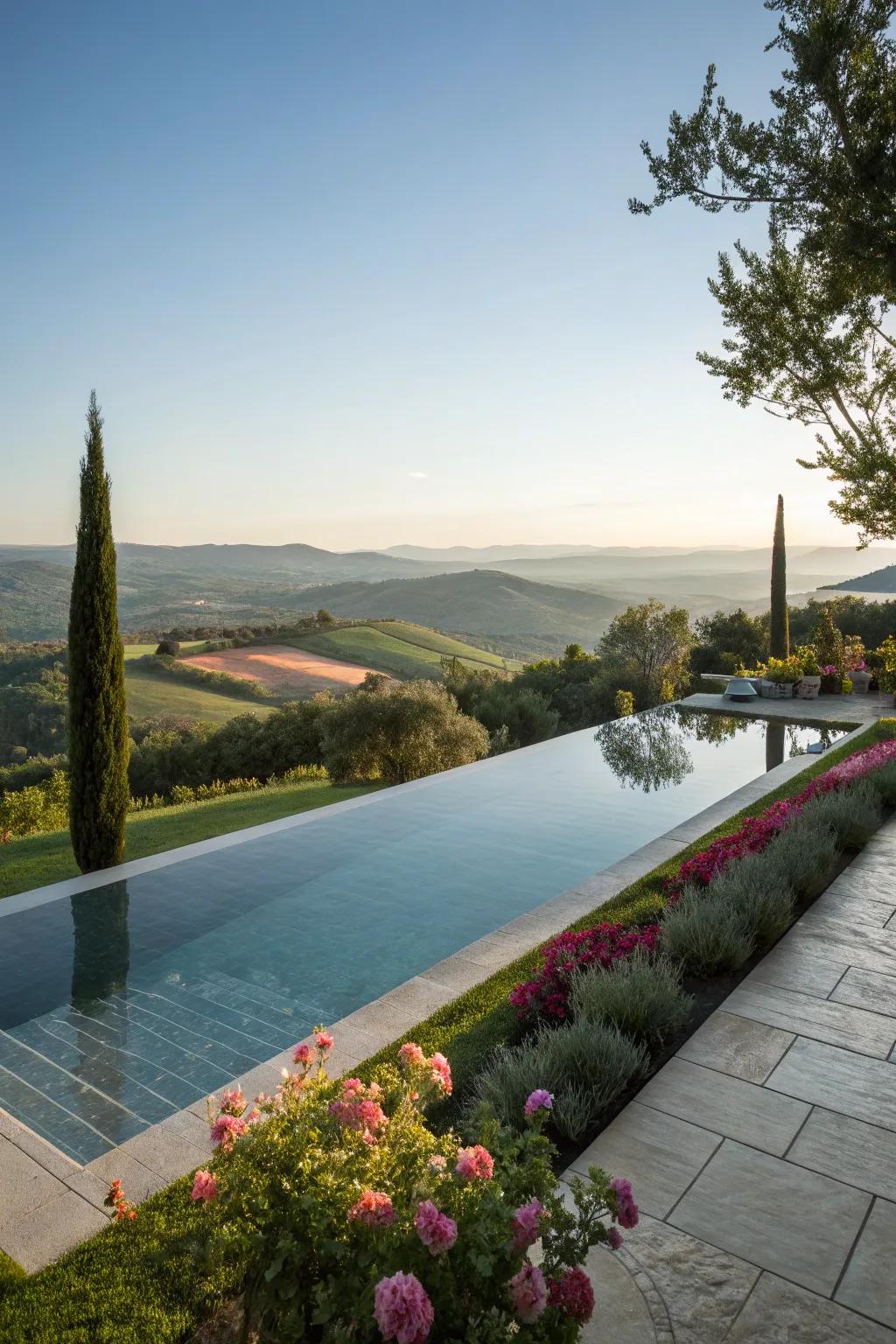 An infinity edge pool merges seamlessly with the surrounding landscape, offering stunning views.