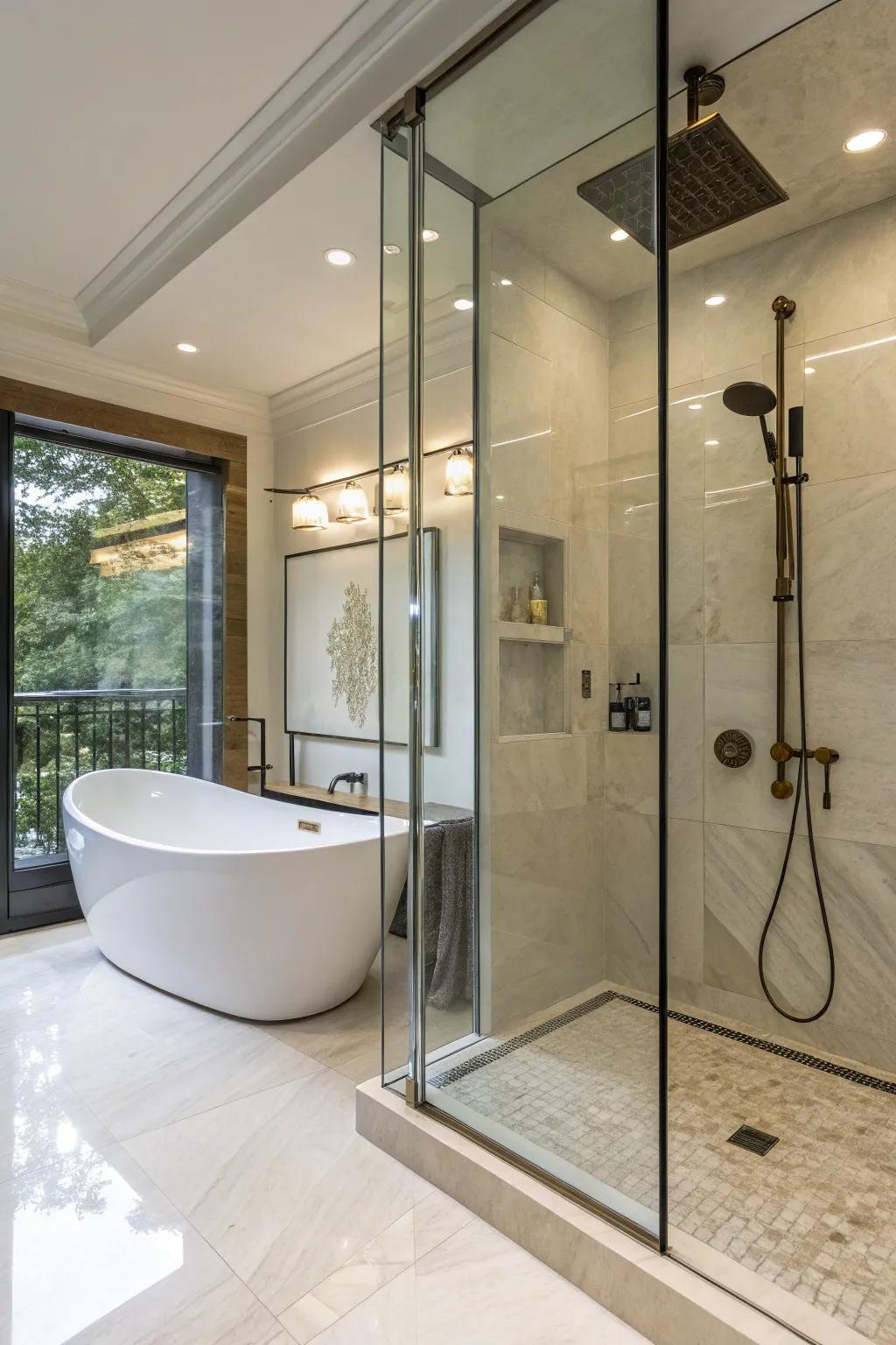 A deluxe setup featuring an integrated tub within the walk-in shower.