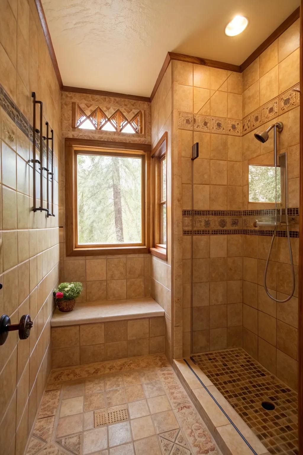 A small window in a walk-in shower, creating a cozy yet bright bathing area.