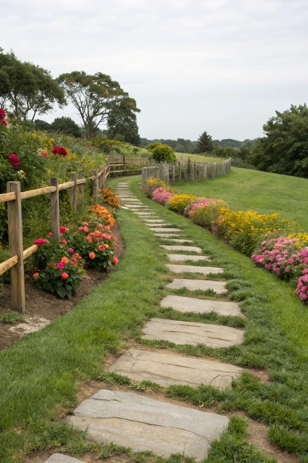 Grass and stone walkways create a harmonious garden appearance.