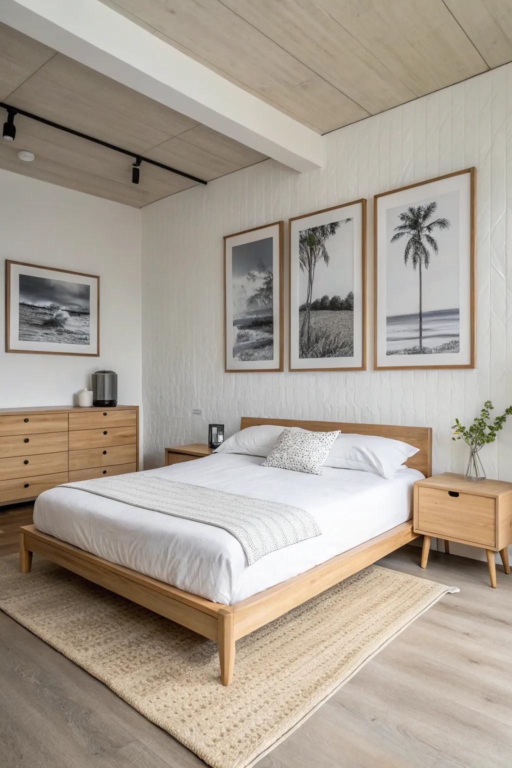 Scandinavian and minimalist art create a tranquil and organized bedroom.