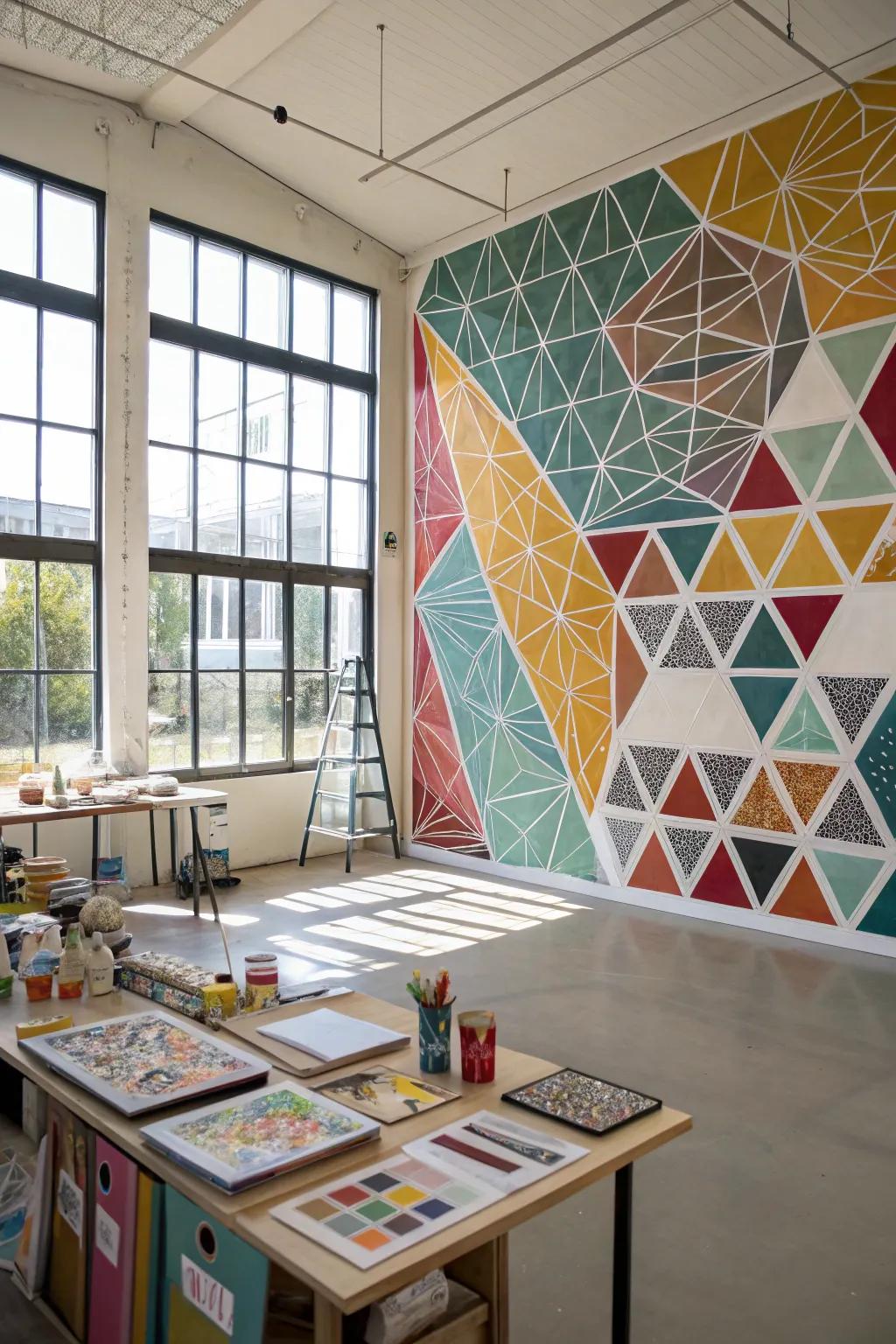 Express your individuality with a geometric mural in your creative space.