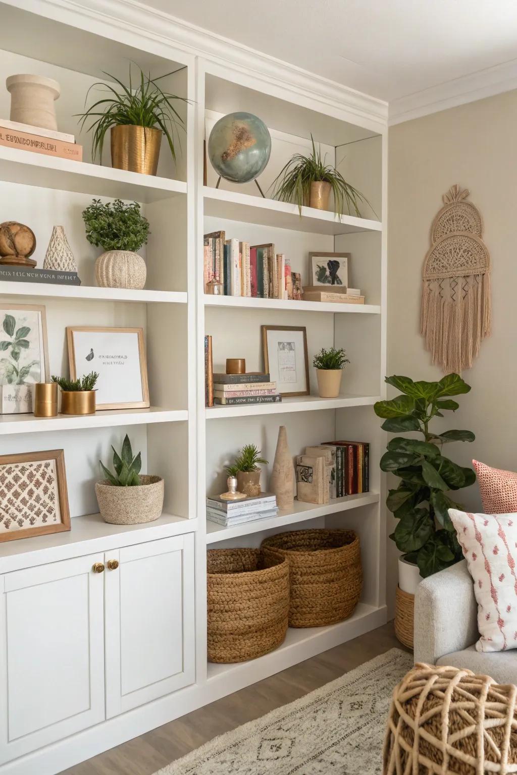 Achieve harmony through color-coordinated shelves.