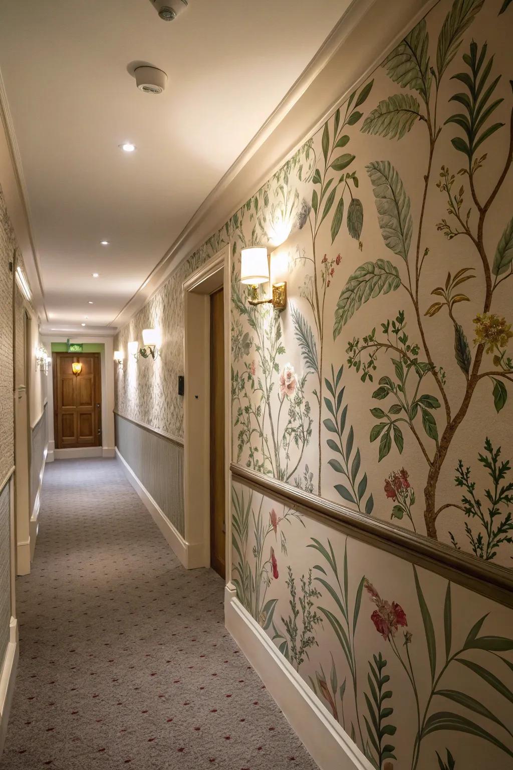 A hallway that welcomes with a nature-inspired wallpaper border.