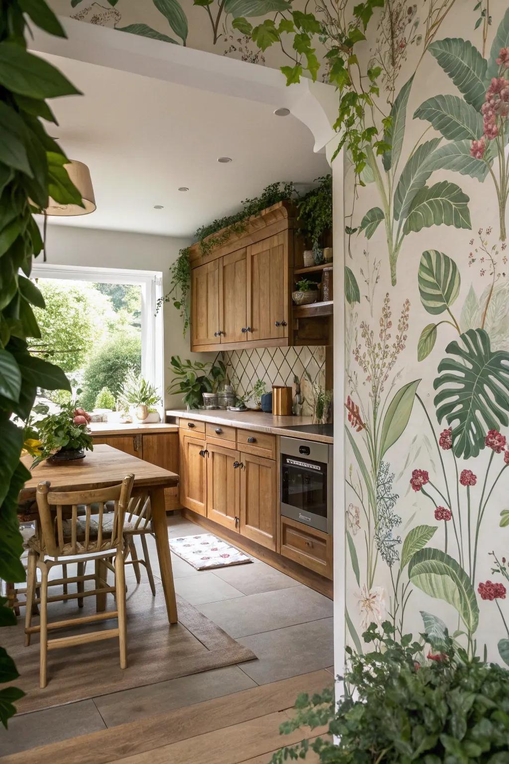 Nature-inspired wallpaper introducing a revitalizing sensation to kitchens.