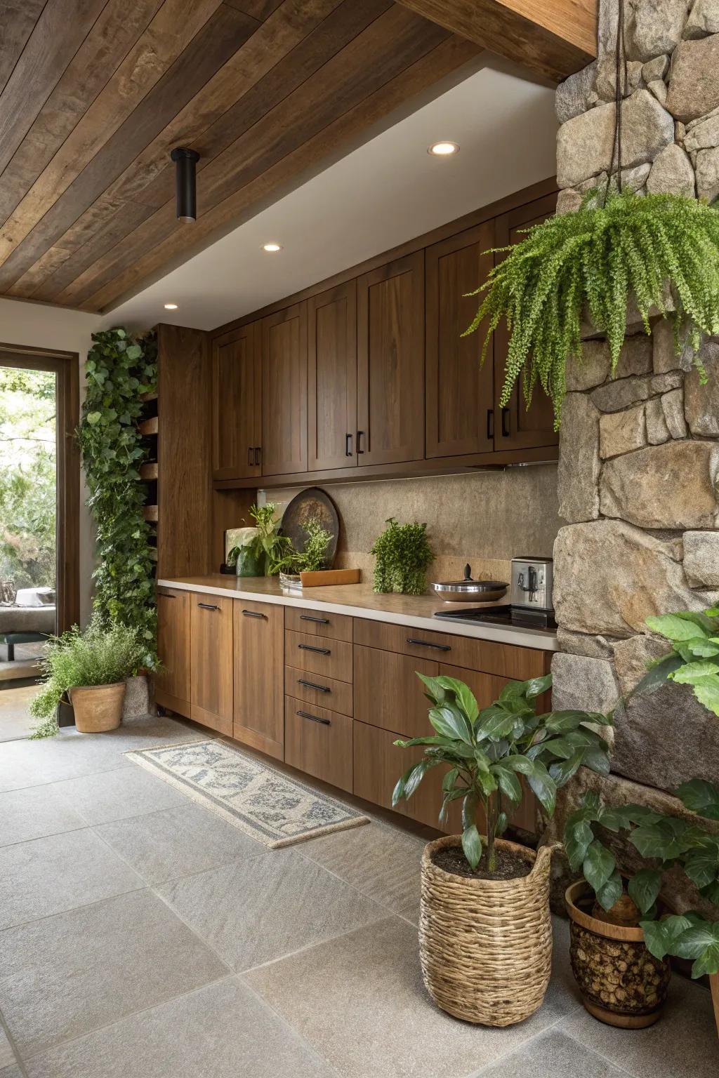 Natural components complement the warmth of darkwood cabinets.