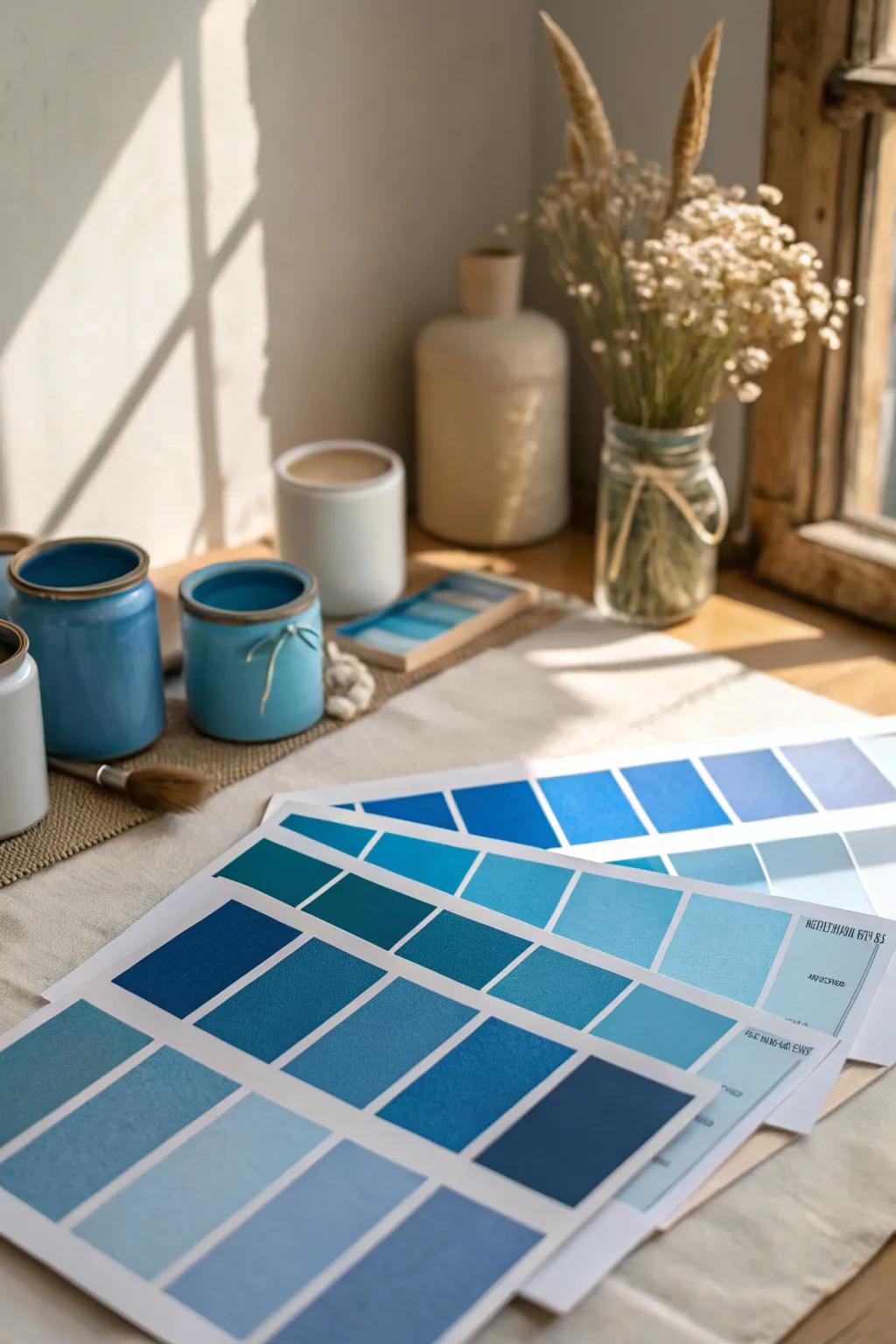 Test various finish swatches to uncover your ideal gentle cerulean shade.
