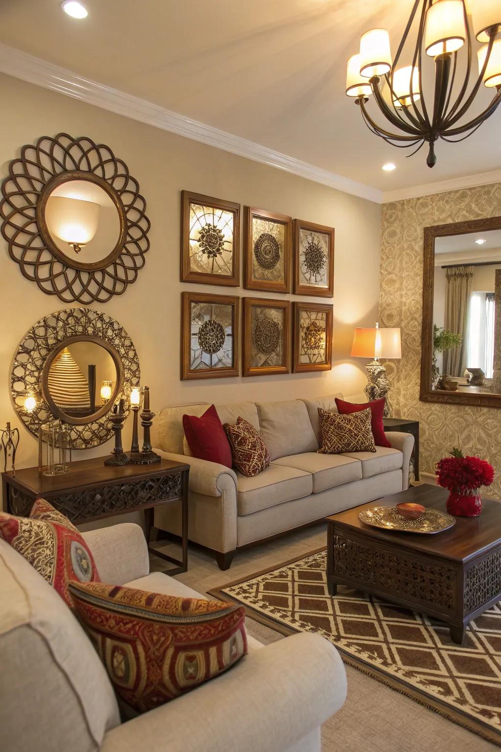 Artistic pieces and reflective surfaces improve the feeling of spaciousness, adding both character and depth.