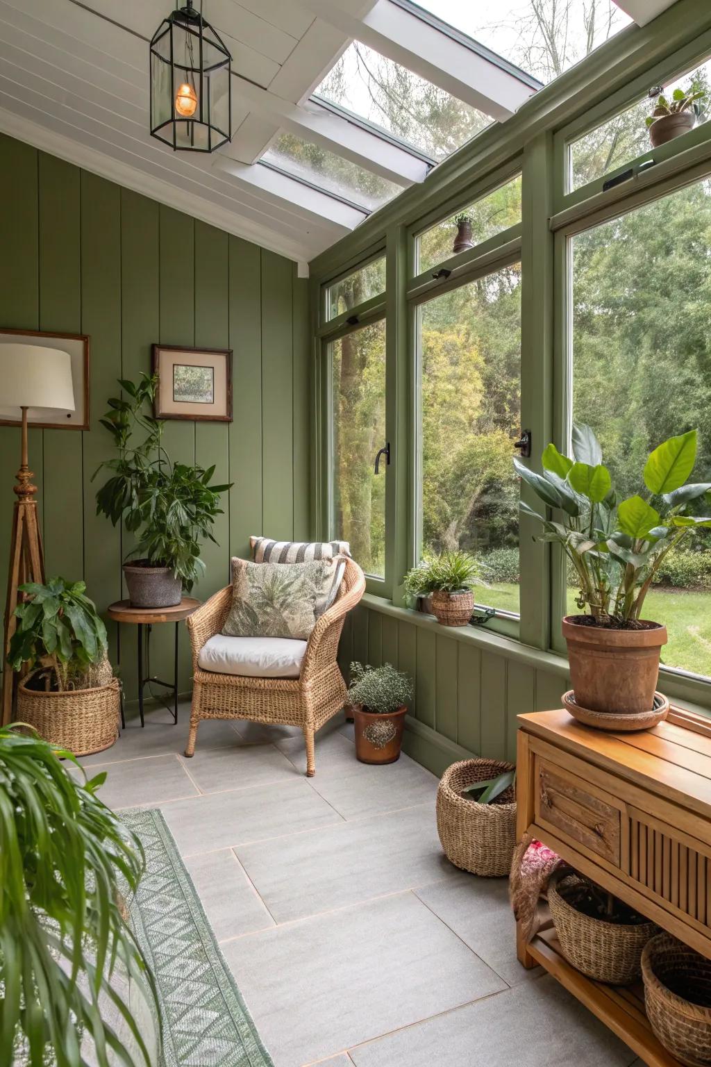 Sunroom painted in rich forest green, delivering a cozy nature-inspired sanctuary.