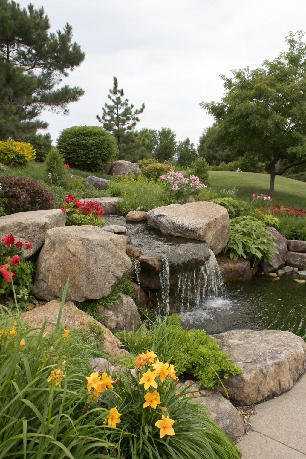 A stone water feature delivers the sound of the outdoors to your outdoor area.