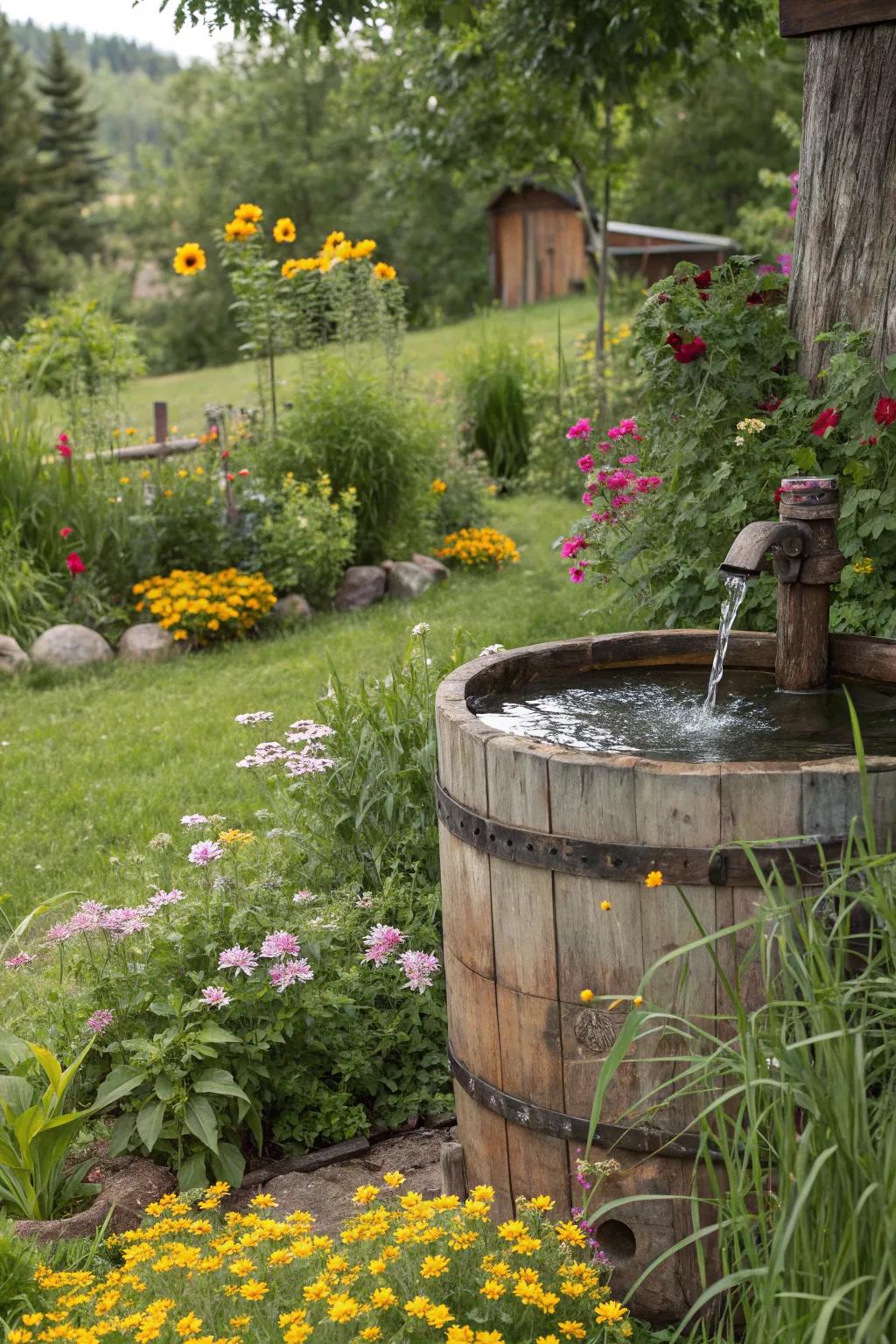 Rustic barrel fountains contribute an attractive feel to country-style gardens.