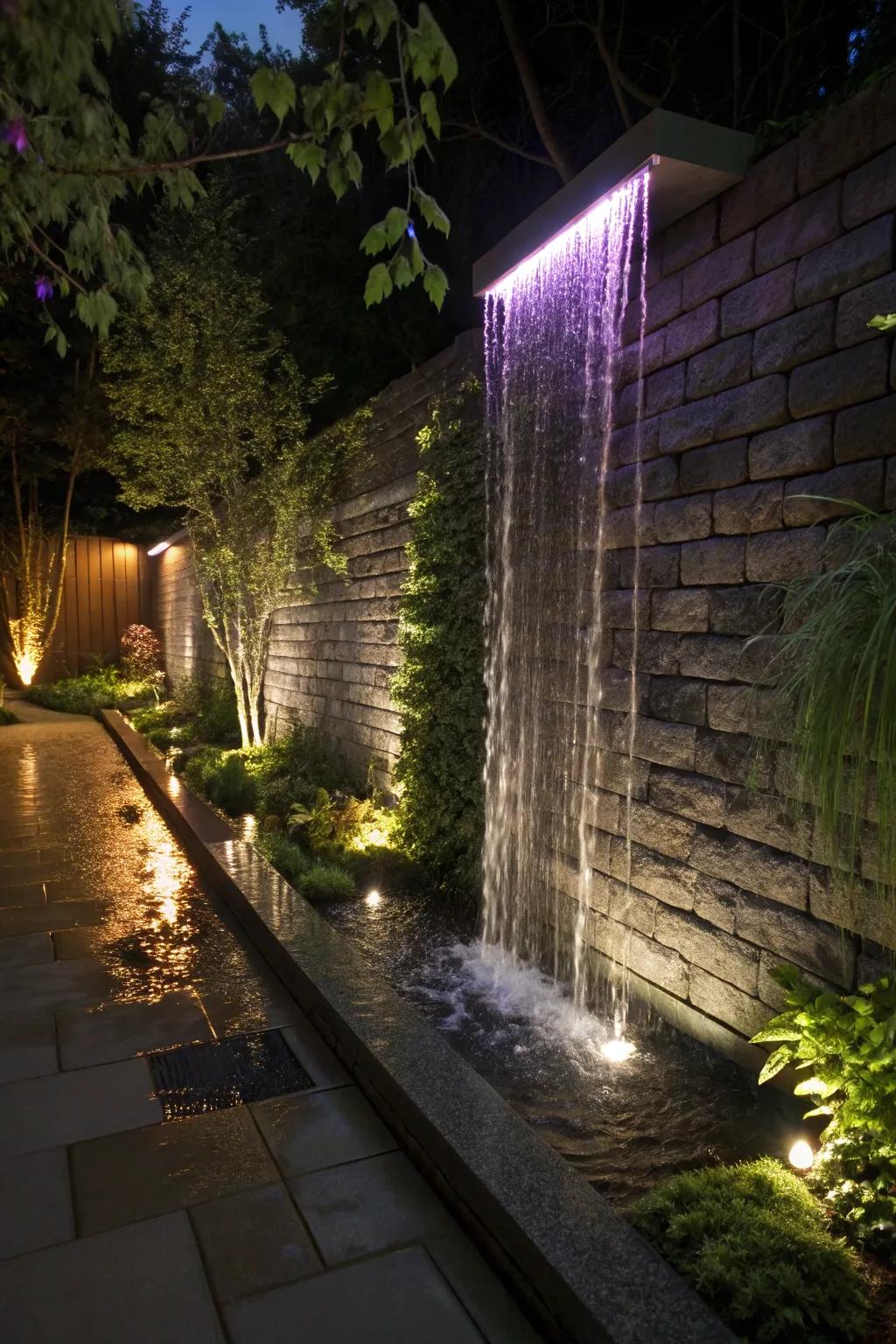 A rainfall curtain water feature provides a contemporary and mesmerizing look.