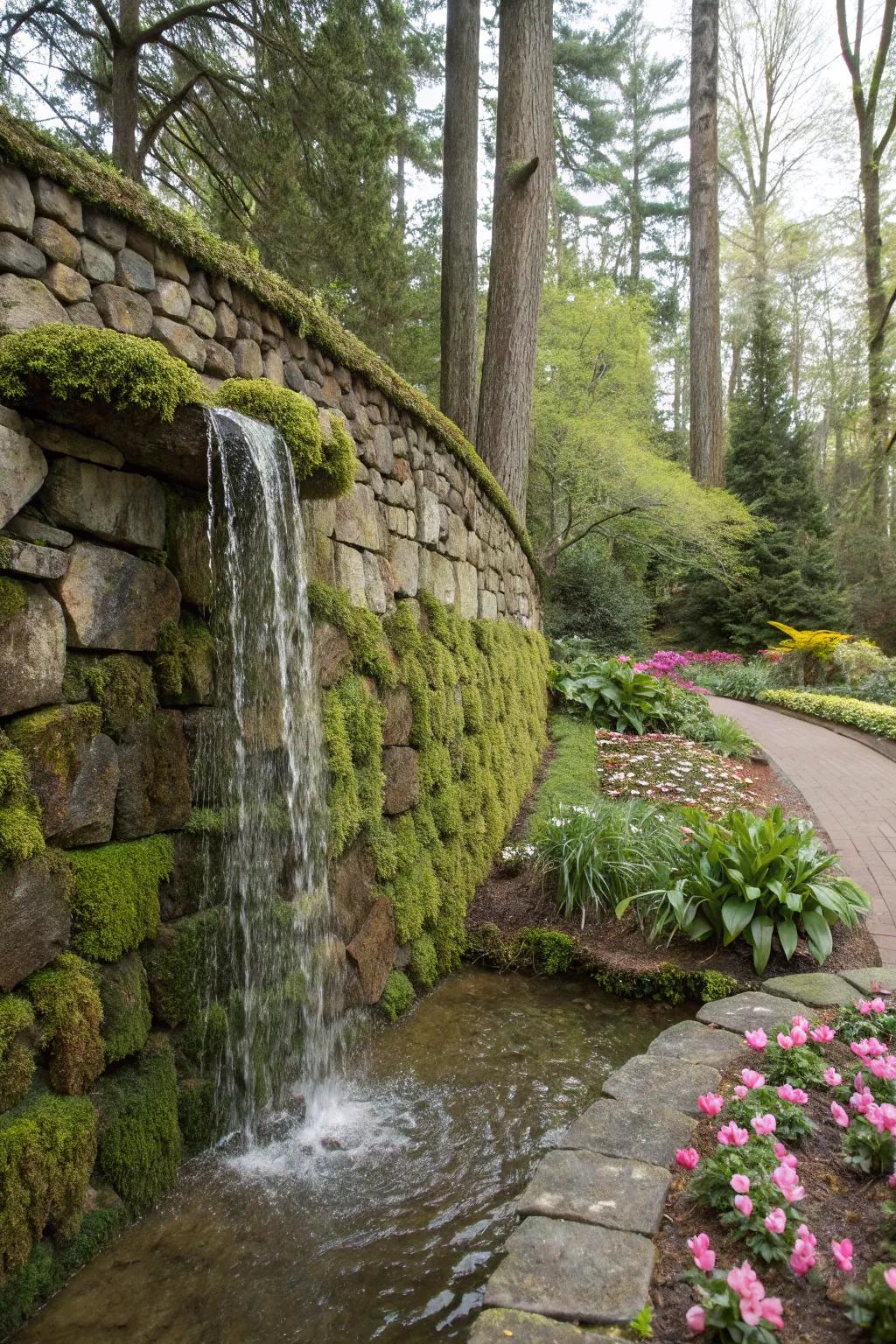 A bold garden water feature using a decorative rock wall as the main attraction.