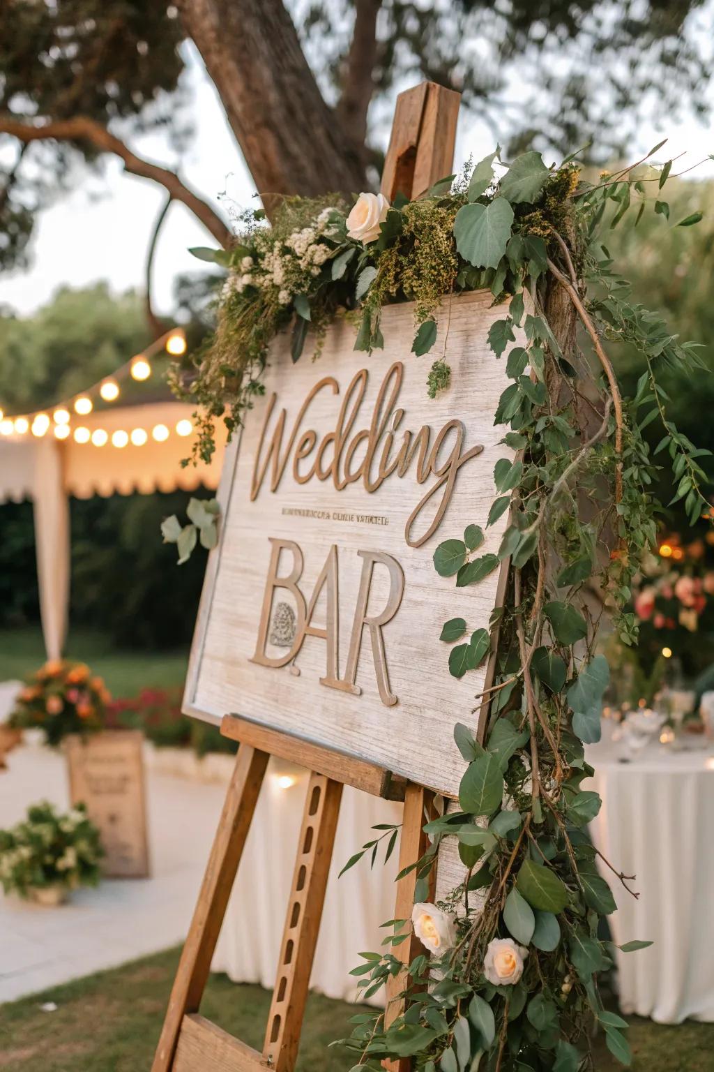 A bar sign featuring natural-inspired designs for an outdoor wedding.