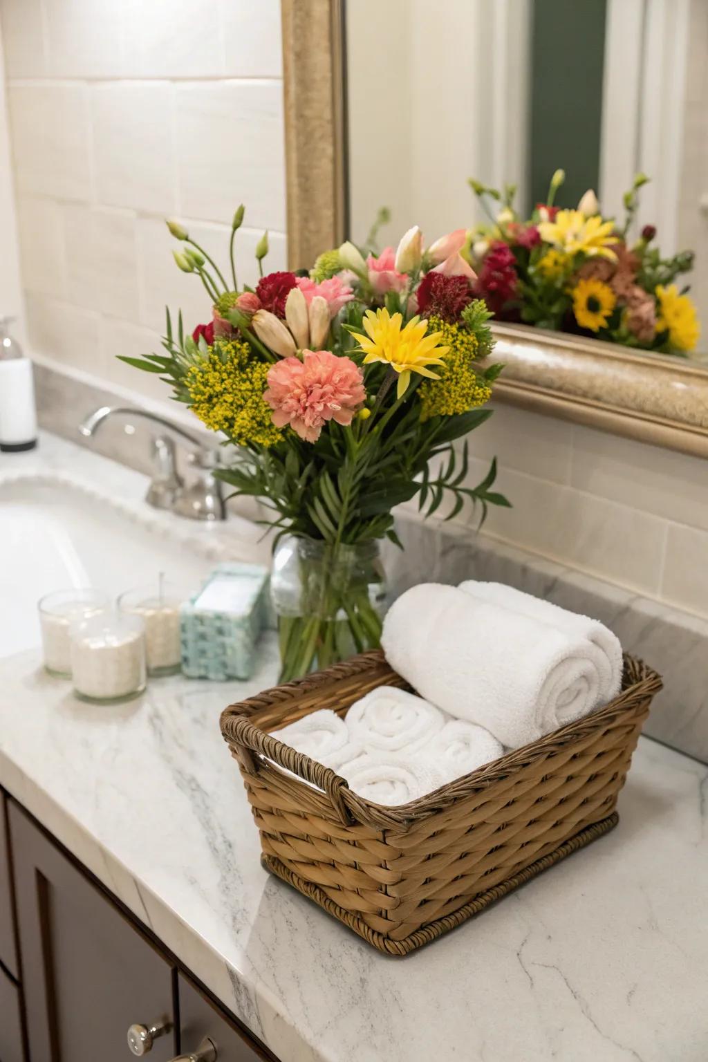 Floral accents enhance the aesthetic of wedding bathroom baskets.