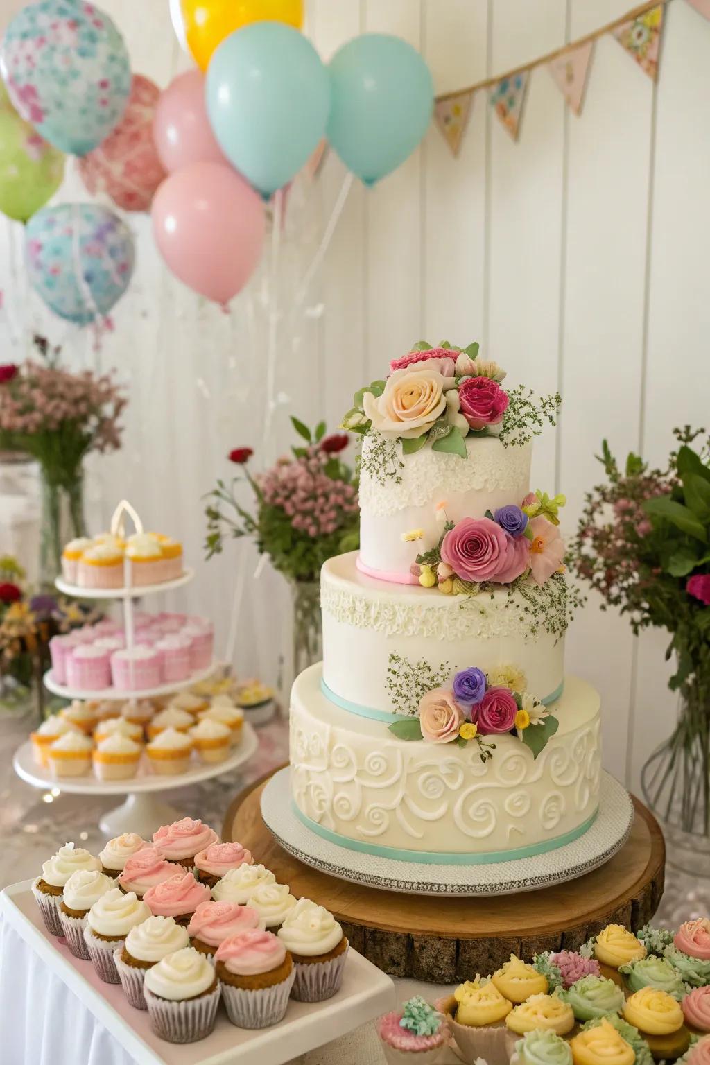 A wedding cake enhanced by a variety of cupcakes.