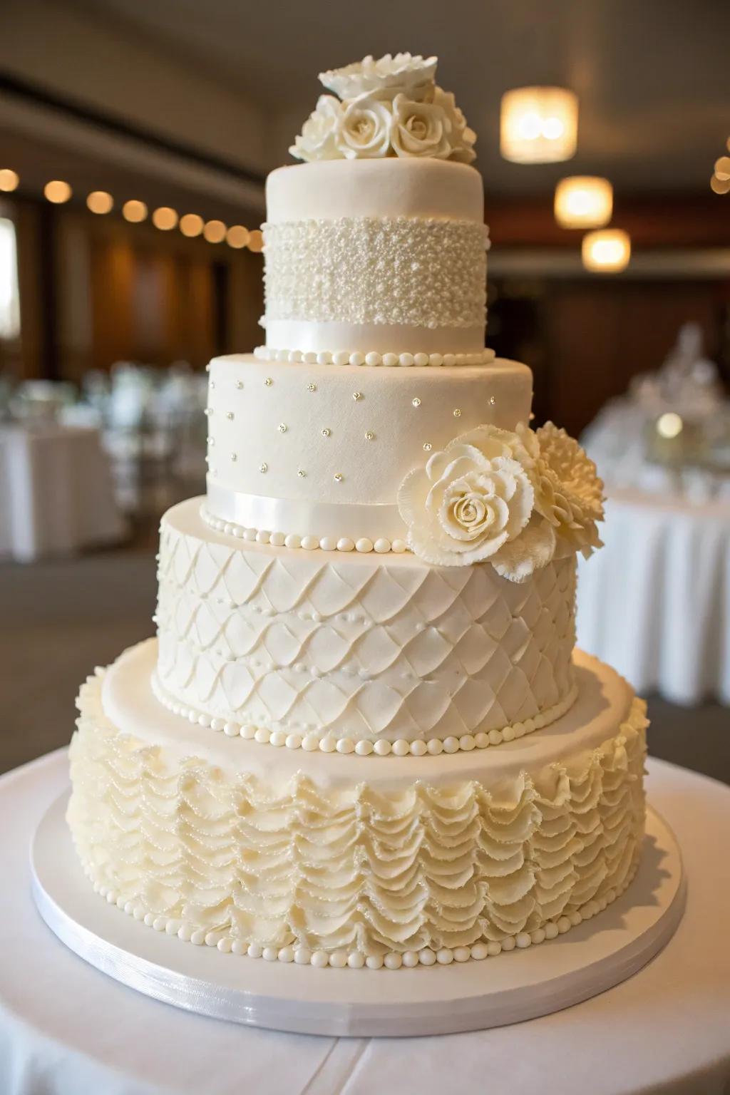 A wedding cake with layered textures for added dimension.