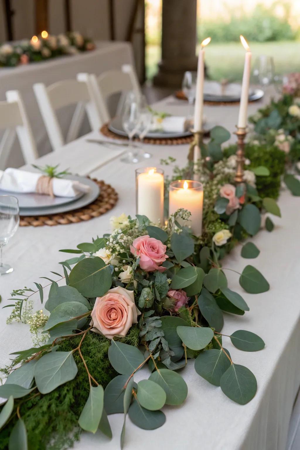 Lush table runners featuring eucalyptus and roses