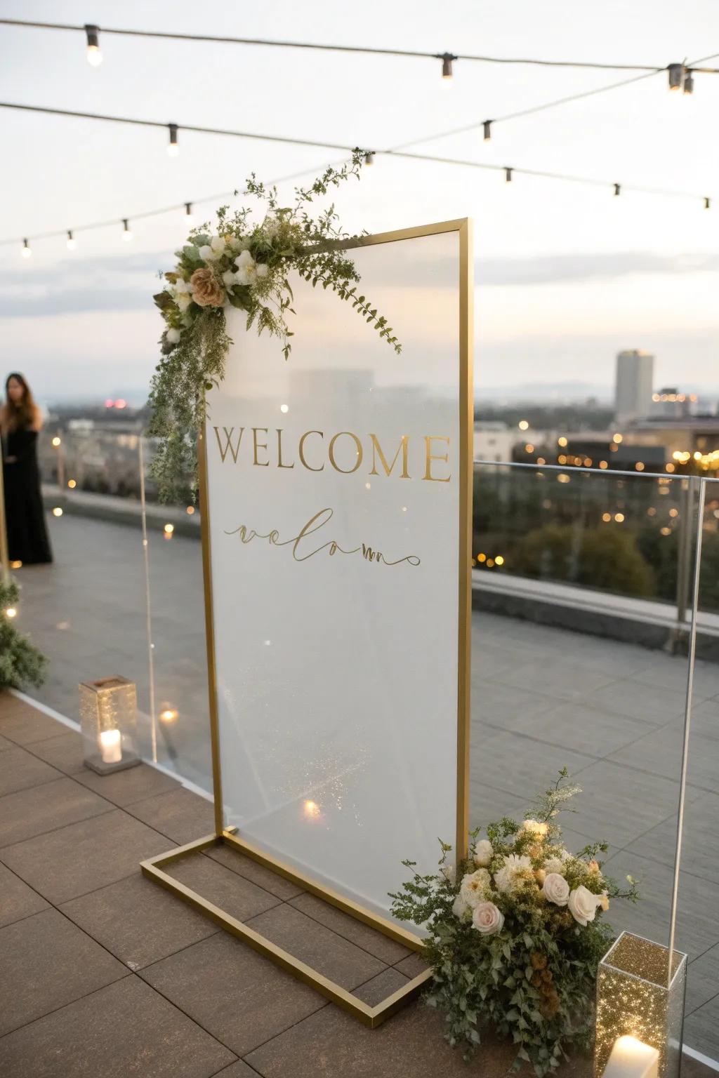 A sleek, simple see-through board with gold accents, suitable for a rooftop wedding.
