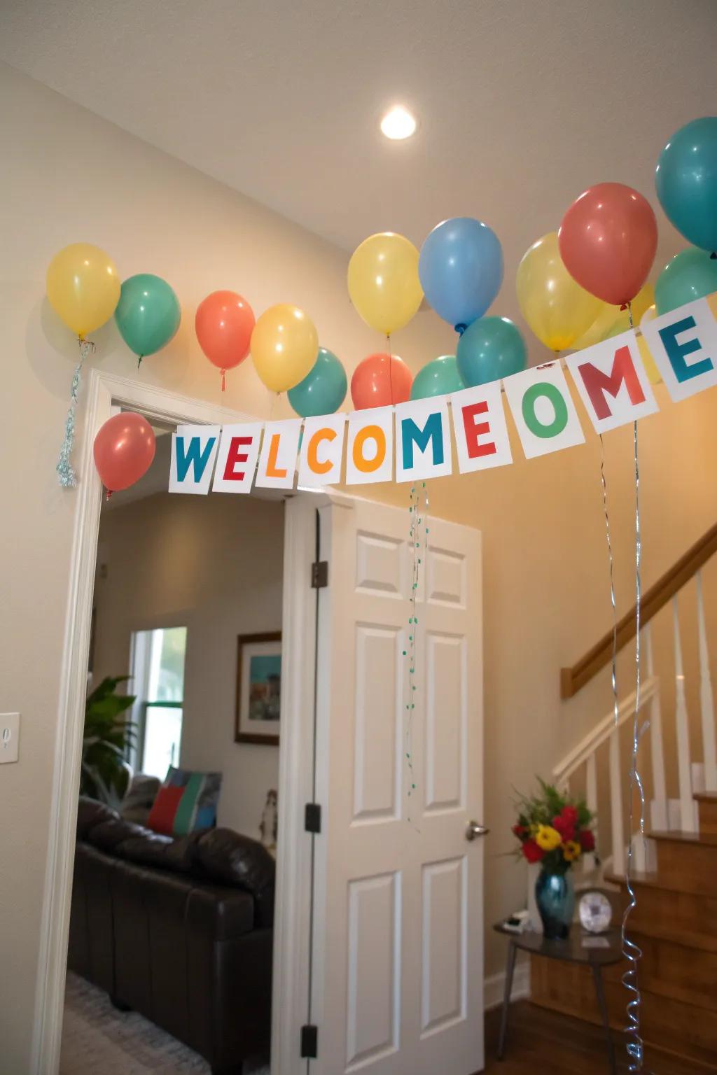 Foster a celebratory vibe through a streamer and balloons.