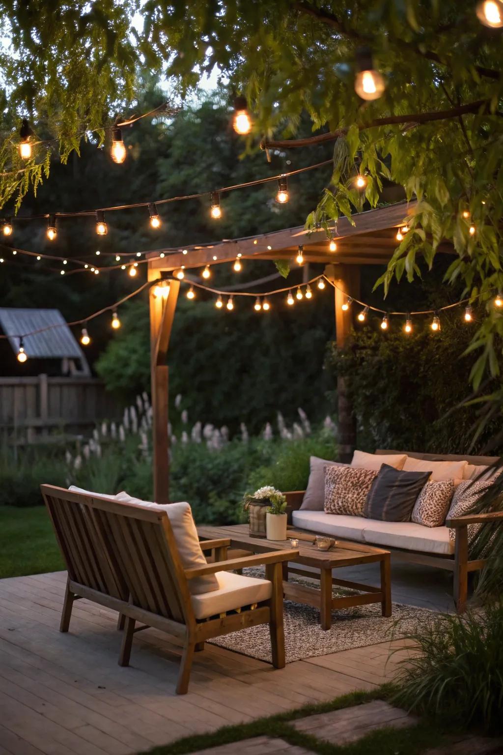 String lights give the patio a warm, inviting glow.