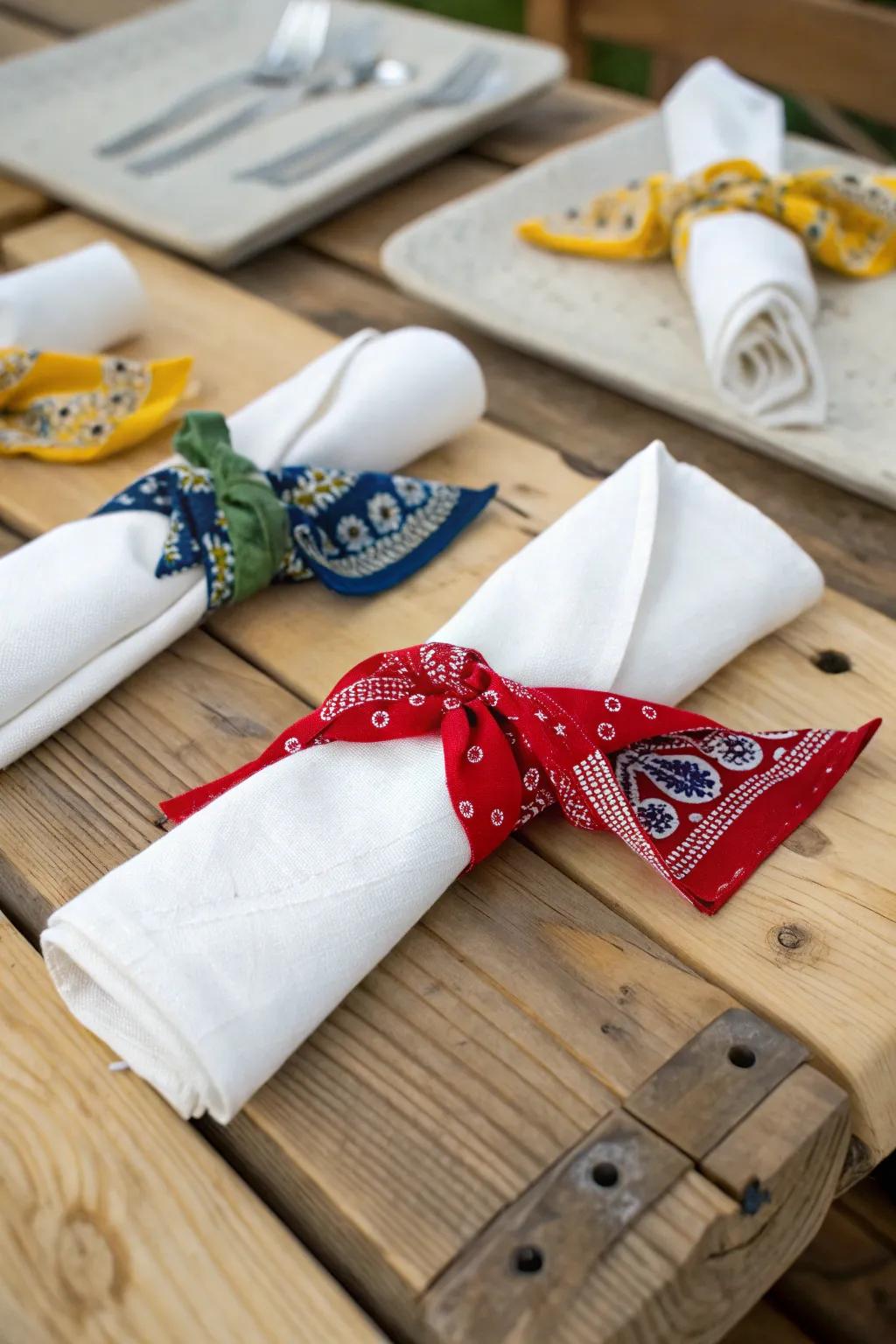 Neckerchief napkin ties add a playful touch to table designs.