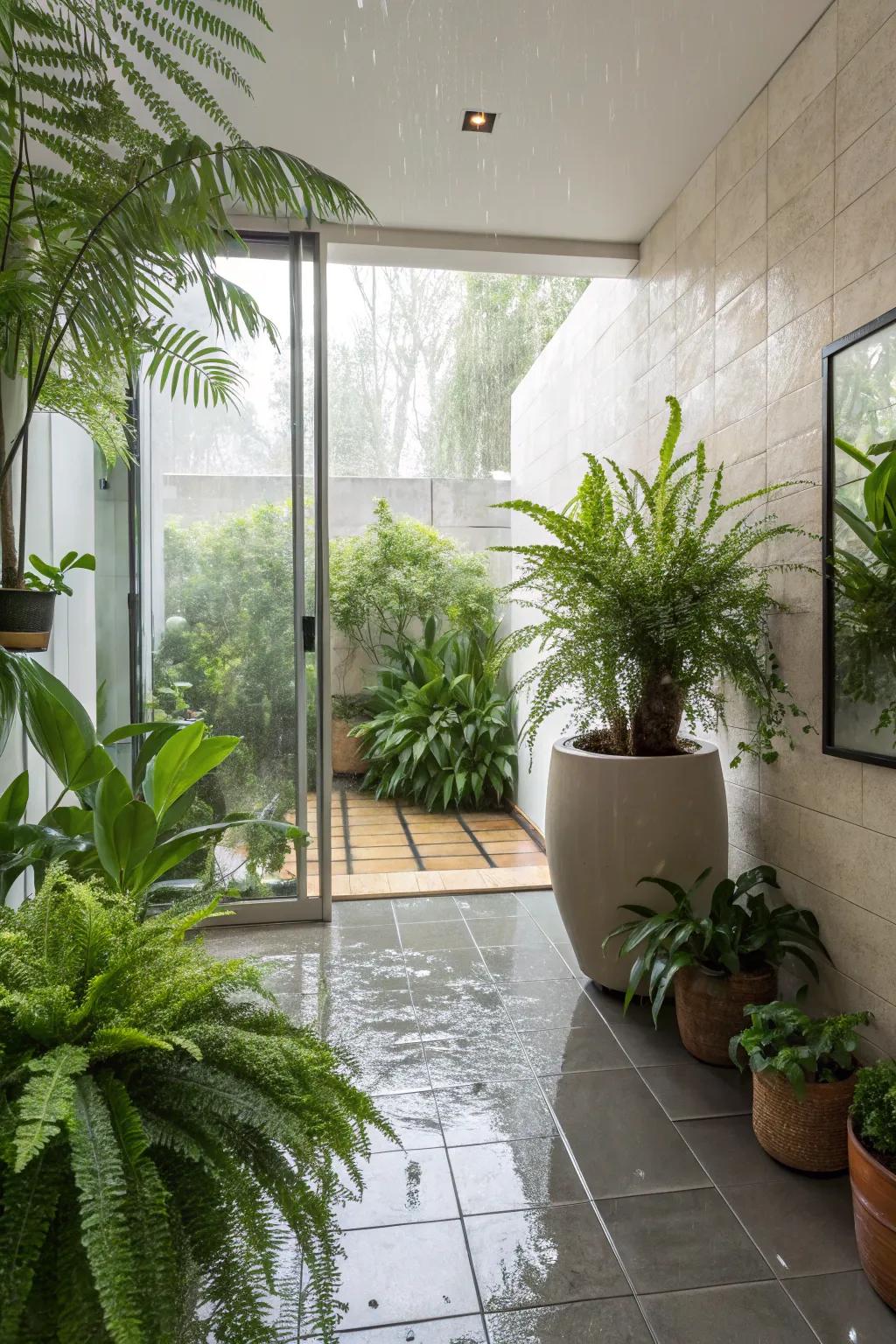 Greenery infuses life and peace into the wet room.