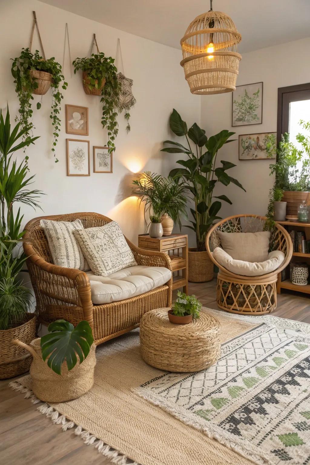 A living room that displays woven components and boho aesthetics.