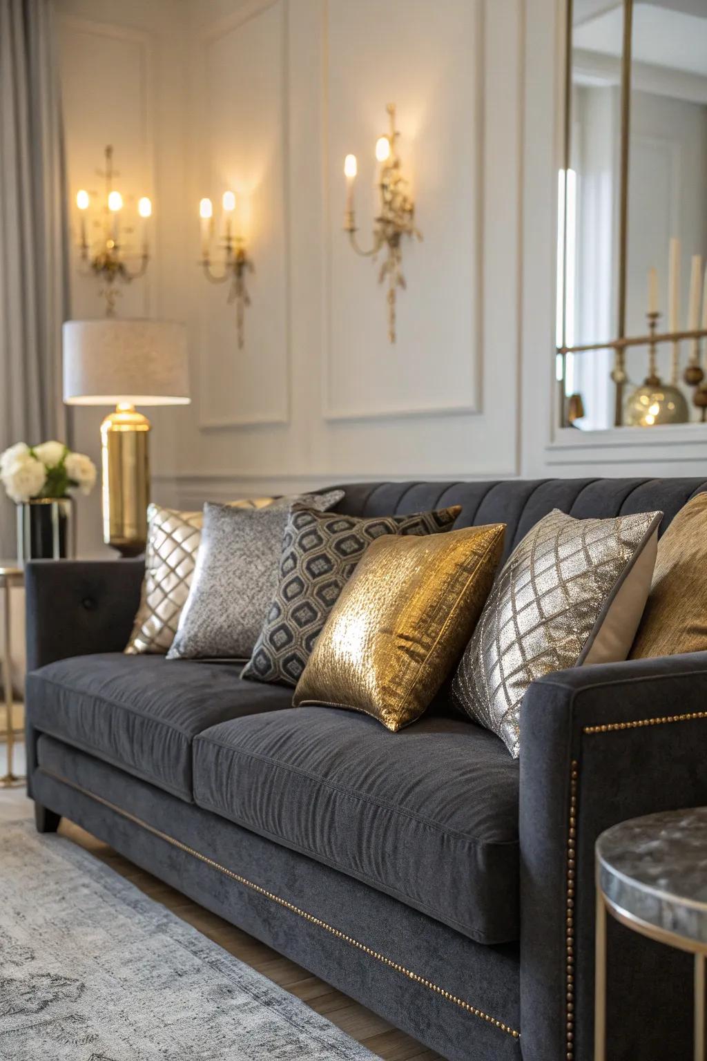 Shiny pillows add a lavish element to the dark grey sofa.