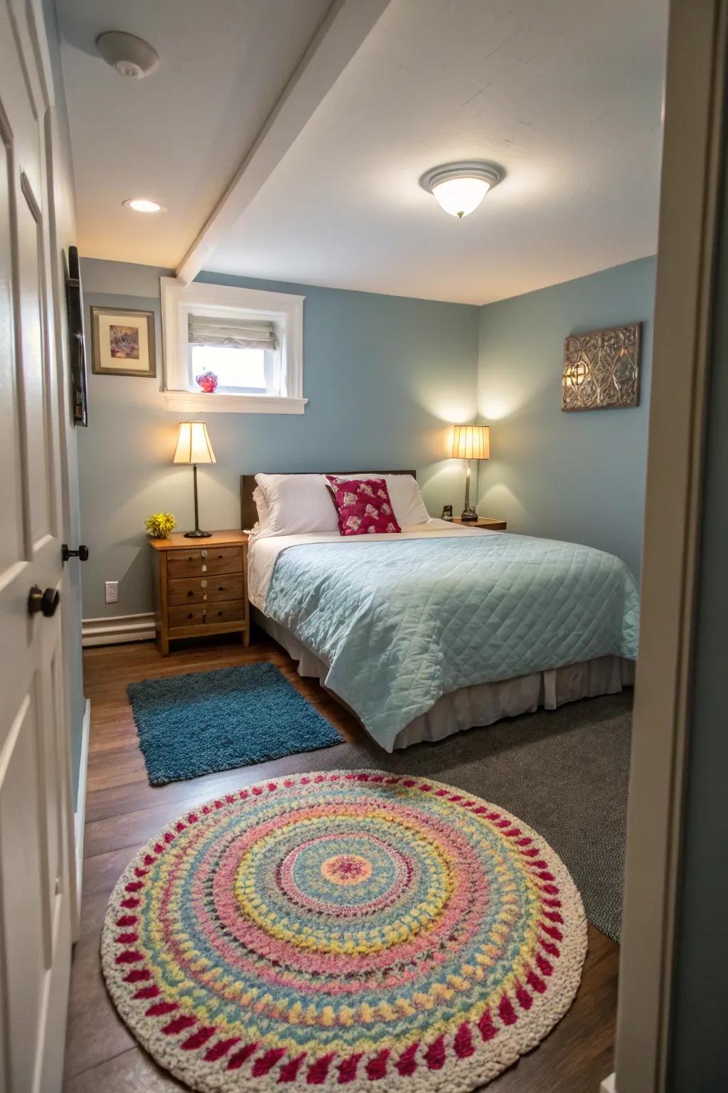 A round rug adds an unconventional, playful flair to a narrow bedroom setting.