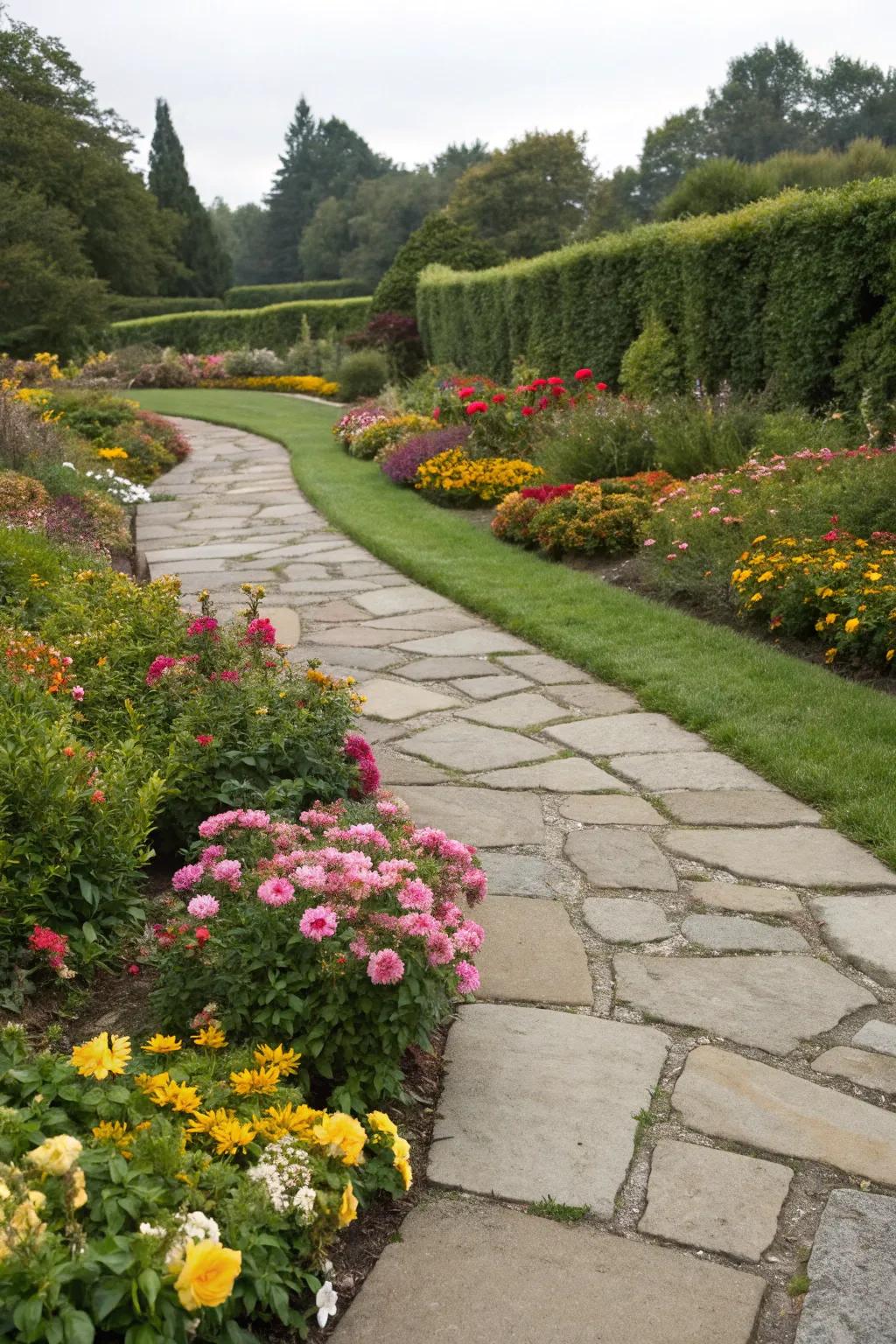 Garden borders introduce definition and color to a stone walkway.